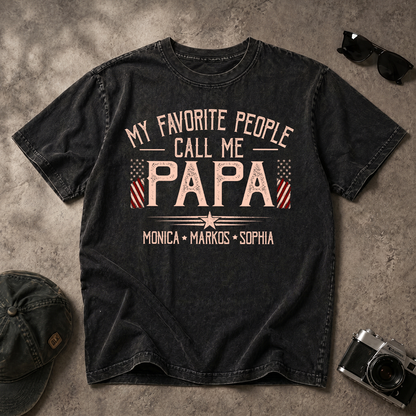 My Favorite People Call Me Papa Mineral Wash Shirt, Personalized Grandkids Names Tee, Custom Grandpa Patriotic American Flag Shirt, Fathers Day Gift
