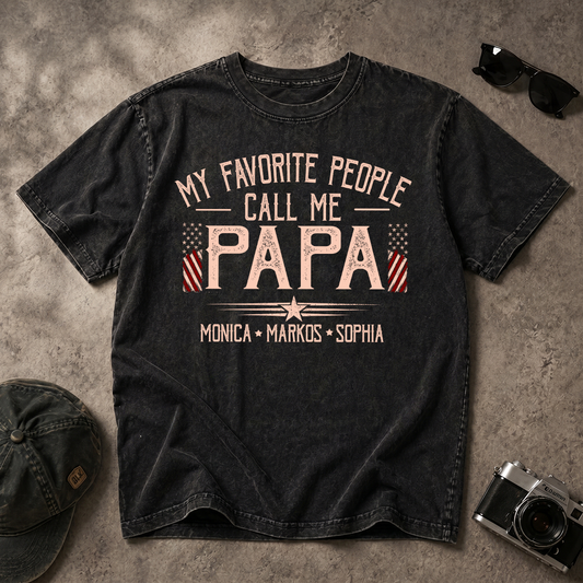 My Favorite People Call Me Papa Mineral Wash Shirt, Personalized Grandkids Names Tee, Custom Grandpa Patriotic American Flag Shirt, Fathers Day Gift