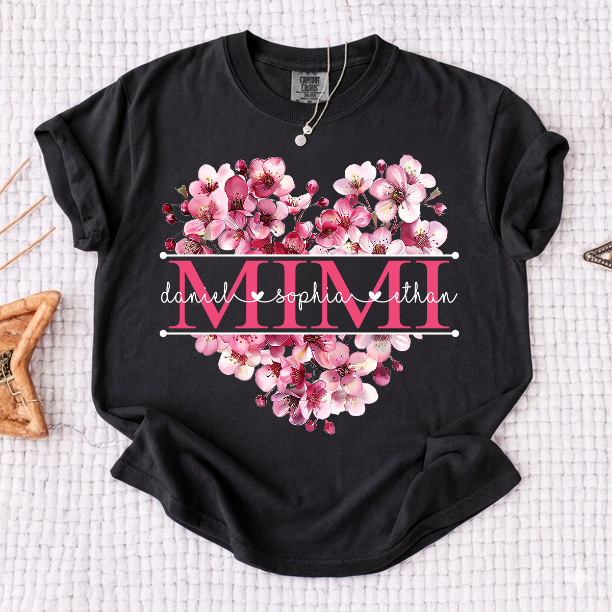 Comfort Mimi Floral Heart Shirt, Custom Family Names Pink Flower Design T Shirt