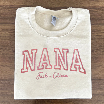 Custom Embroidered Nana With Grandkids Name on Sleeve Sweatshirt, Personalized Grandma Sweatshirt, Mothers Day Gift for Mom Grandma Mimi Nana Gigi Gaga