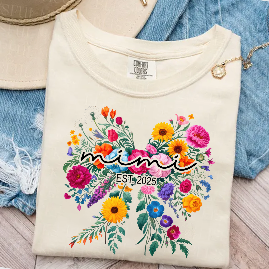 Comfort Colors® Mimi Bow Flower Est T-Shirt, Custom Grandma With Grandkids Shirt