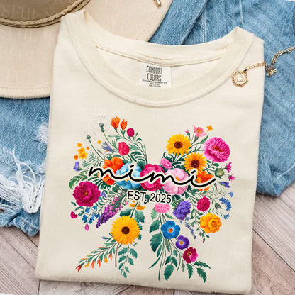Comfort Colors® Mimi Bow Flower Est T-Shirt, Custom Grandma With Grandkids Shirt