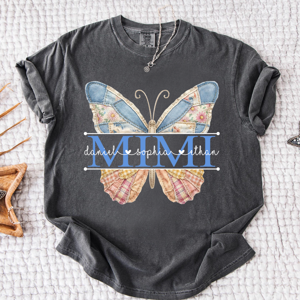 Comfort Mimi Patchwork Butterfly Shirt, Custom Grandkids Names with Floral Family Design Tee