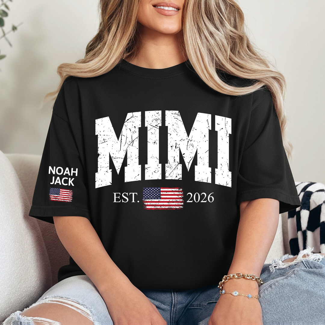 Patriotic Mimi T Shirt, Vintage American Flag Design with Custom Grandkids Names
