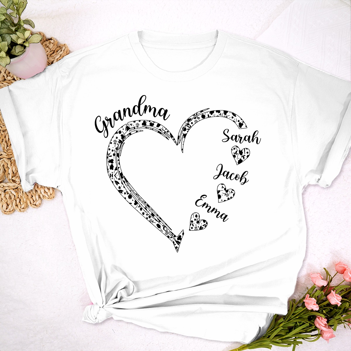 Personalized Grandma Shirt with Grandkids Names, Custom Heart Grandma T Shirt Gift