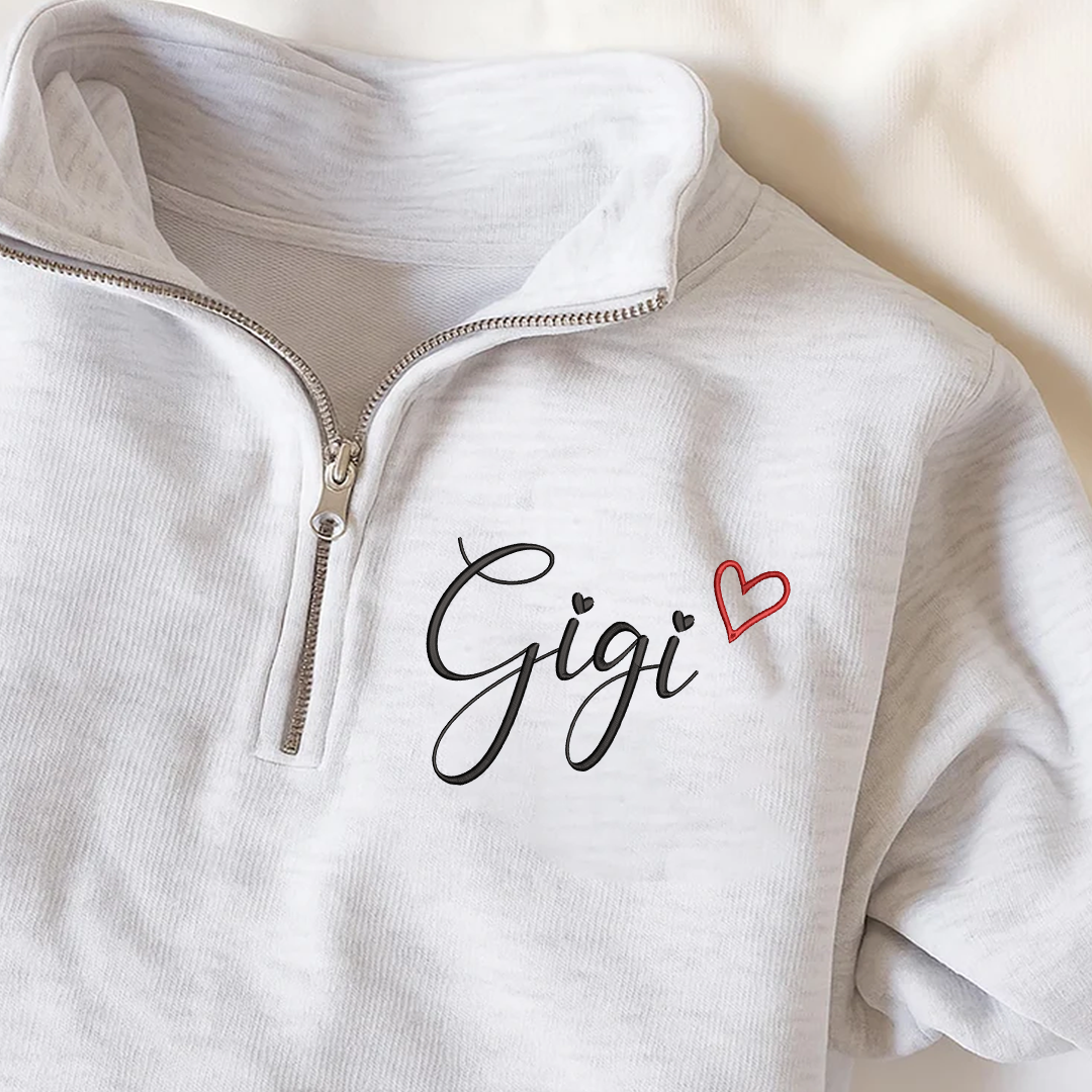 Gigi Heart Sweatshirt, Personalized Gigi Embroidered Quarter Zip Sweater