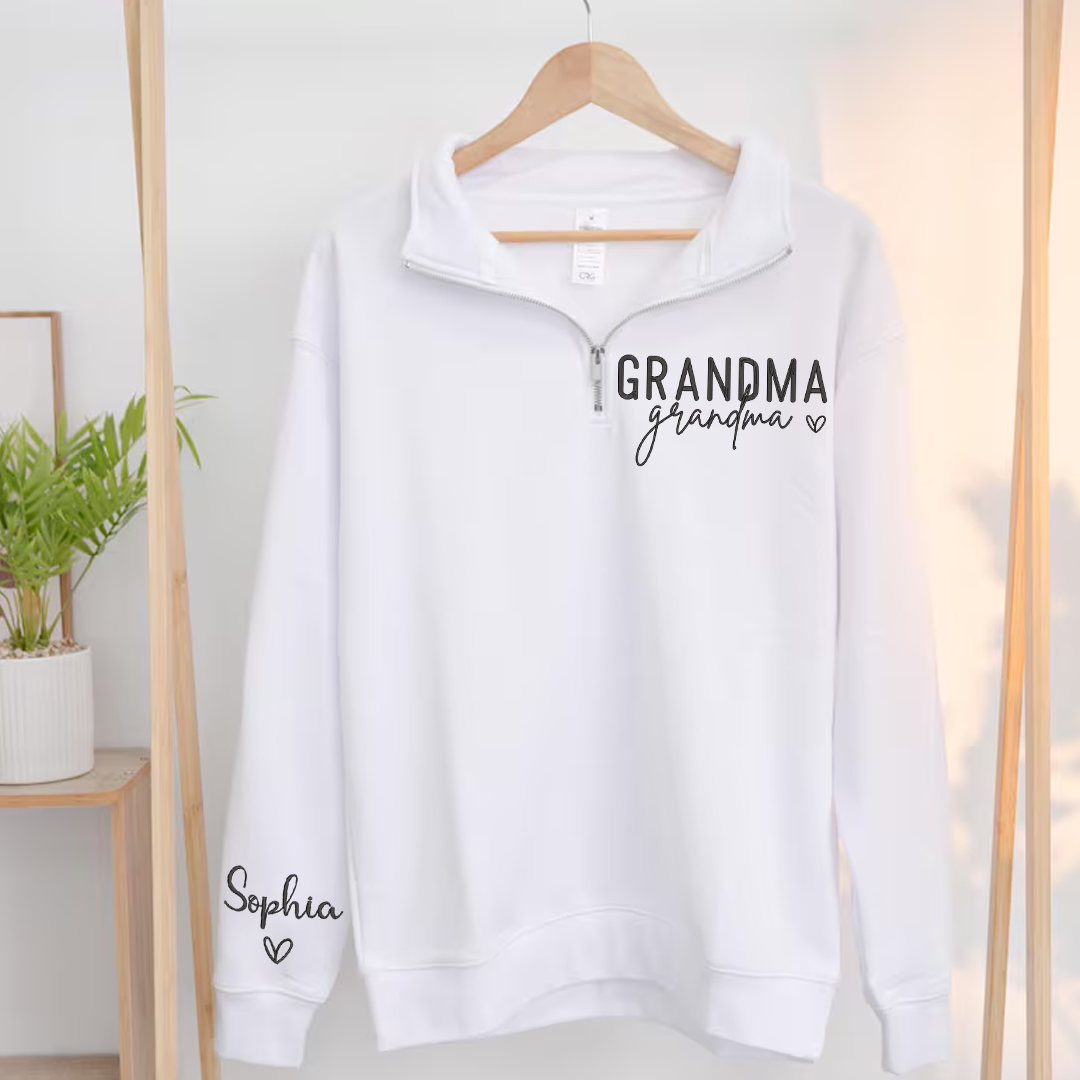 Grandma Heart Sweatshirt, Personalized Grandma And Grandkids Embroidered Quarter Zip Sweater