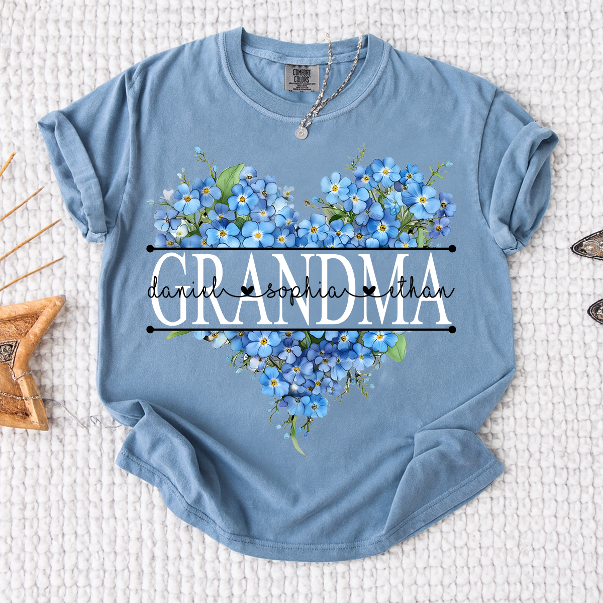 Comfort Mimi Blue Floral Shirt with Custom Grandchildren Names, Heart Family Tee