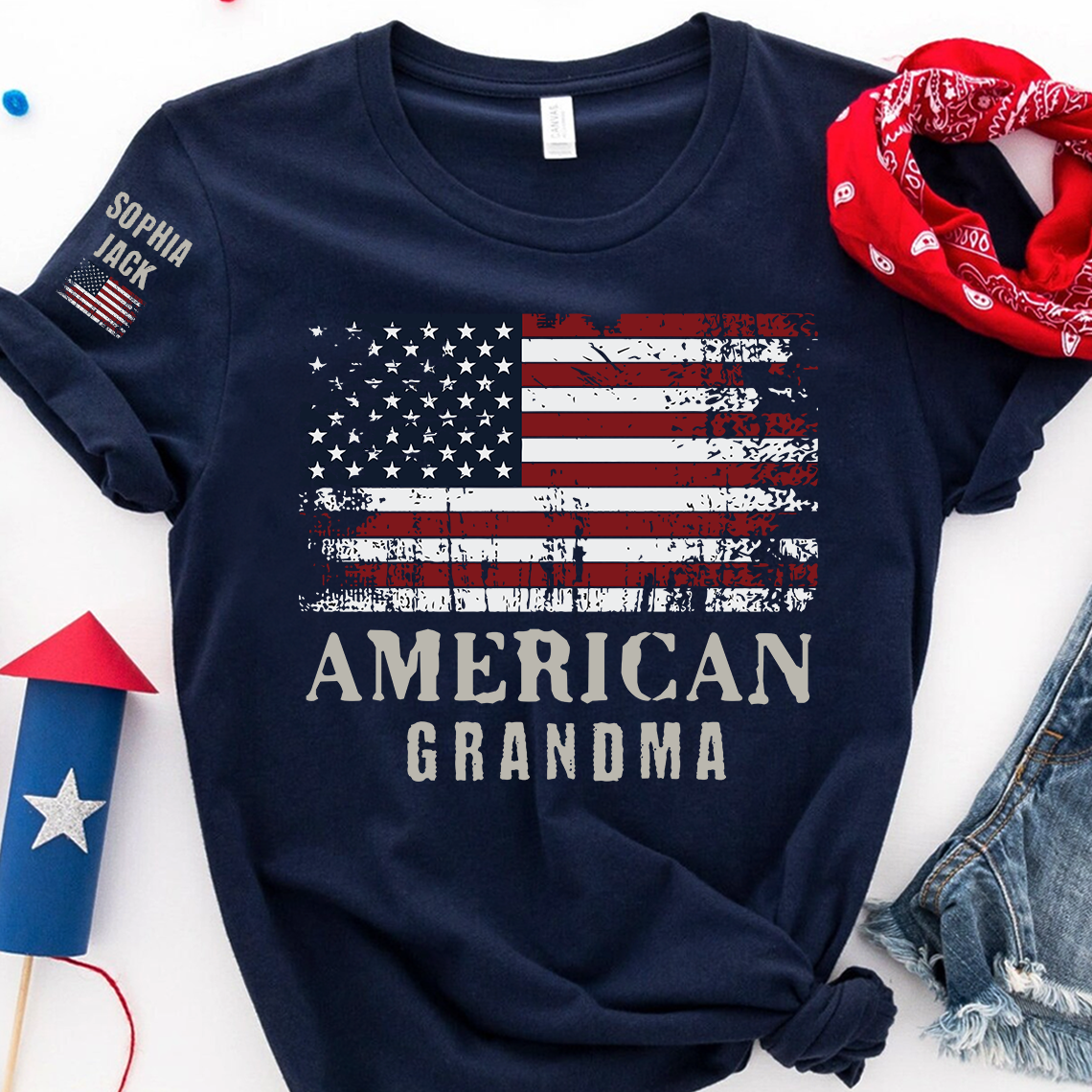 Custom American Grandma T-Shirt, Personalized Grandkids Name Sleeve Patriotic Shirt