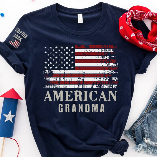 Custom American Grandma T-Shirt, Personalized Grandkids Name Sleeve Patriotic Shirt