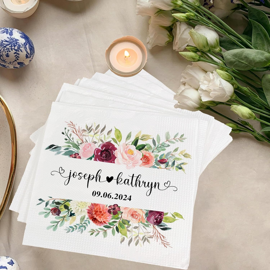 Personalized Floral Wedding Napkins with Custom Names and Date - Elegant Bridal Shower or Wedding Reception Decor, Unique Party Favors