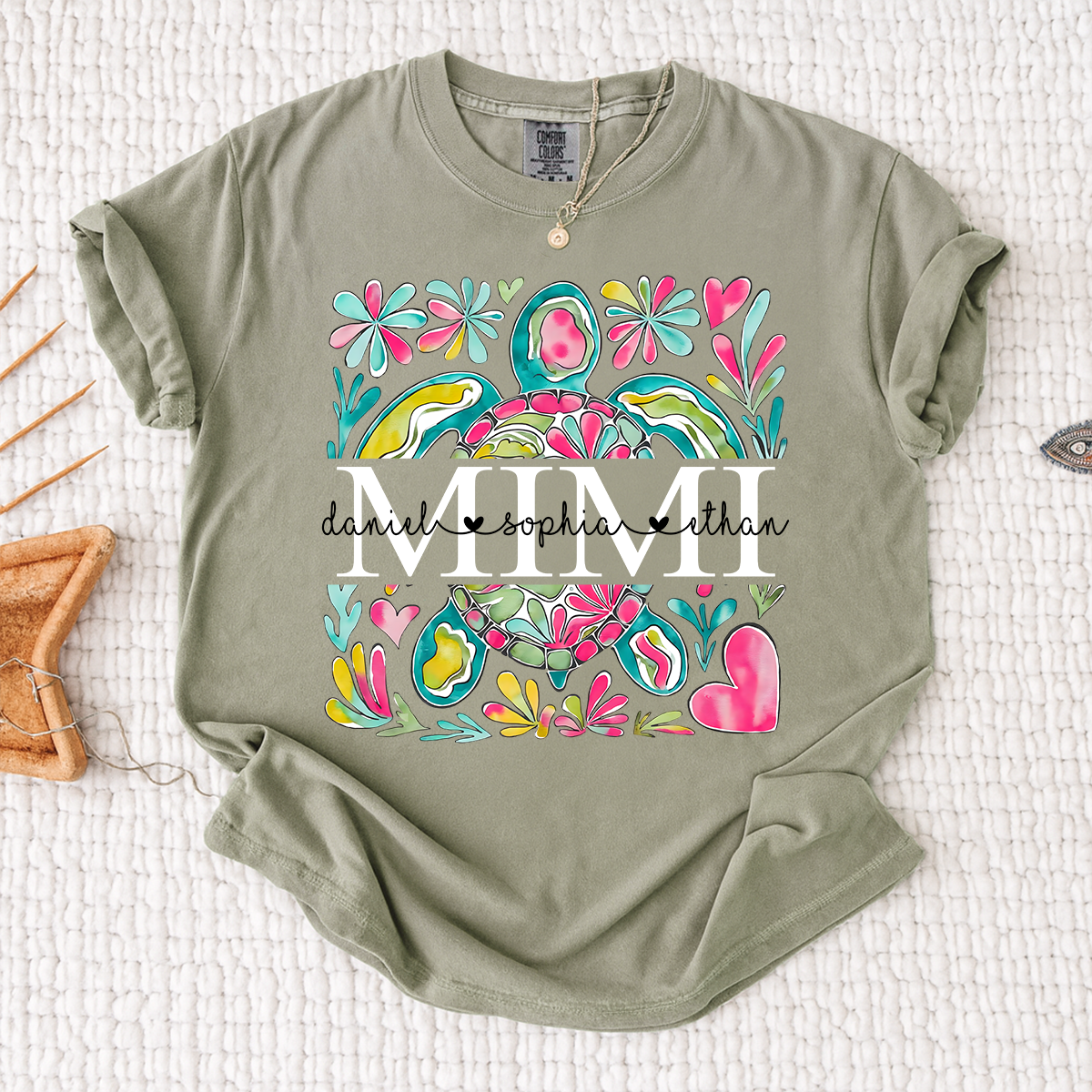 Comfort Colors Personalized Mimi Sea Turtle Shirt, Custom Grandma T Shirt with Grandkids Names, Coastal Family Gift for Mimi Nana Gigi