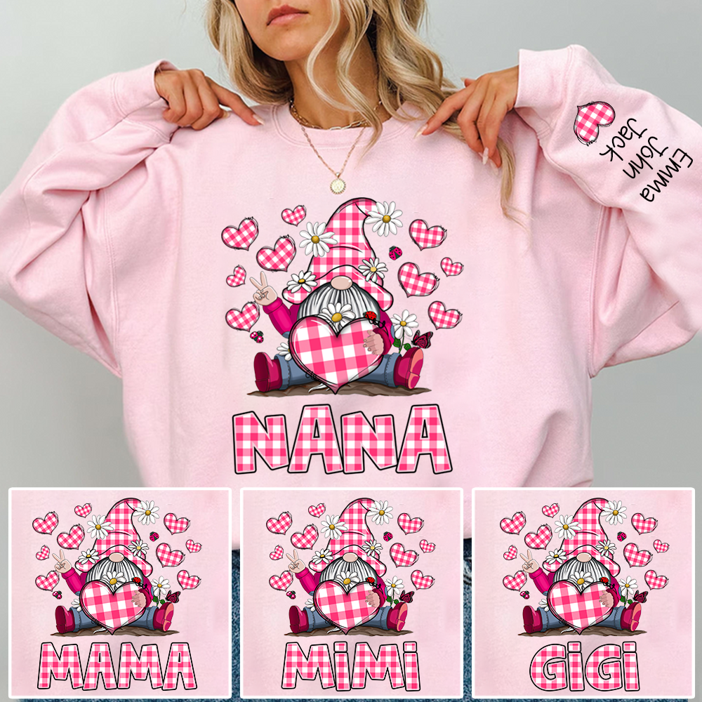 Pink Checkered Valentine's Day sweatshirt For Nana, Cute Gnome Dwarf Heart Design, Family love, Gift for Grandma