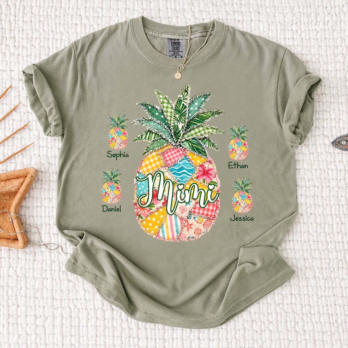 Comfort Colors Personalized Mimi Pineapple Shirt with Grandkids Names, Custom Grandma Tropical T Shirt for Women, Summer Beach Family Gift