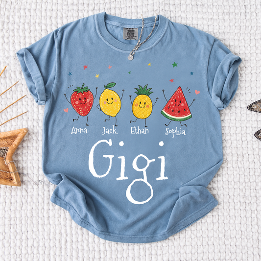 Comfort Colors® Personalized Gigi Shirt with Grandkids Names, Cute Fruit Family Grandma Tee, Custom Gigi Gift from Grandchildren, Summer Family Shirt