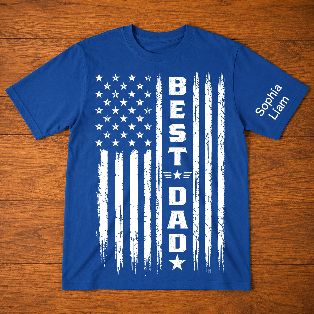 Best Dad Patriotic T-Shirt – Custom Kids Names American Flag Design Gift for Daddy Papa Fathers Day Birthday