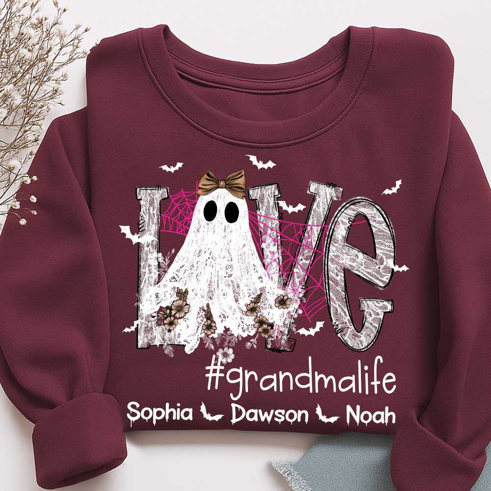 Personalized Mimi Life Halloween Sweatshirt, Custom Love Ghost Shirt with Kids Names