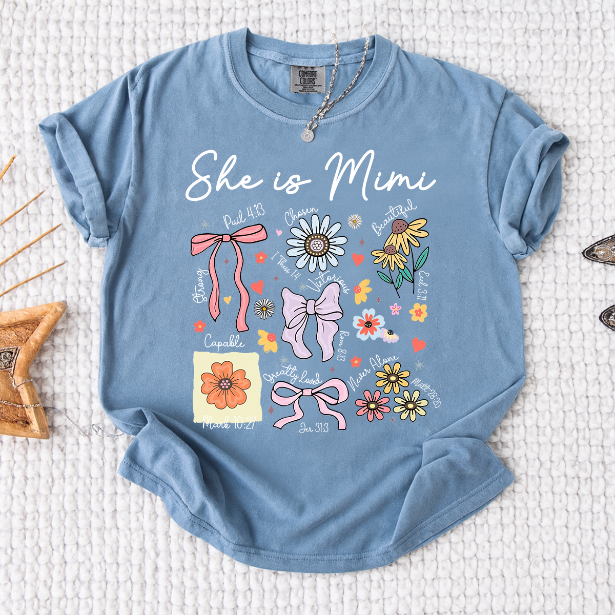 Comfort Colors Personalized Mimi Shirt She Is Mimi Quote with Floral Timeline Family Tee