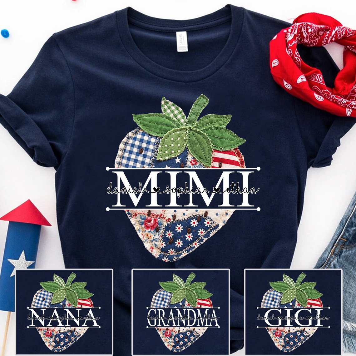 Custom Mimi 4th of July Strawberry Shirt, Personalized Cute Summer Grandma Tee For Gift Grandma And Kids