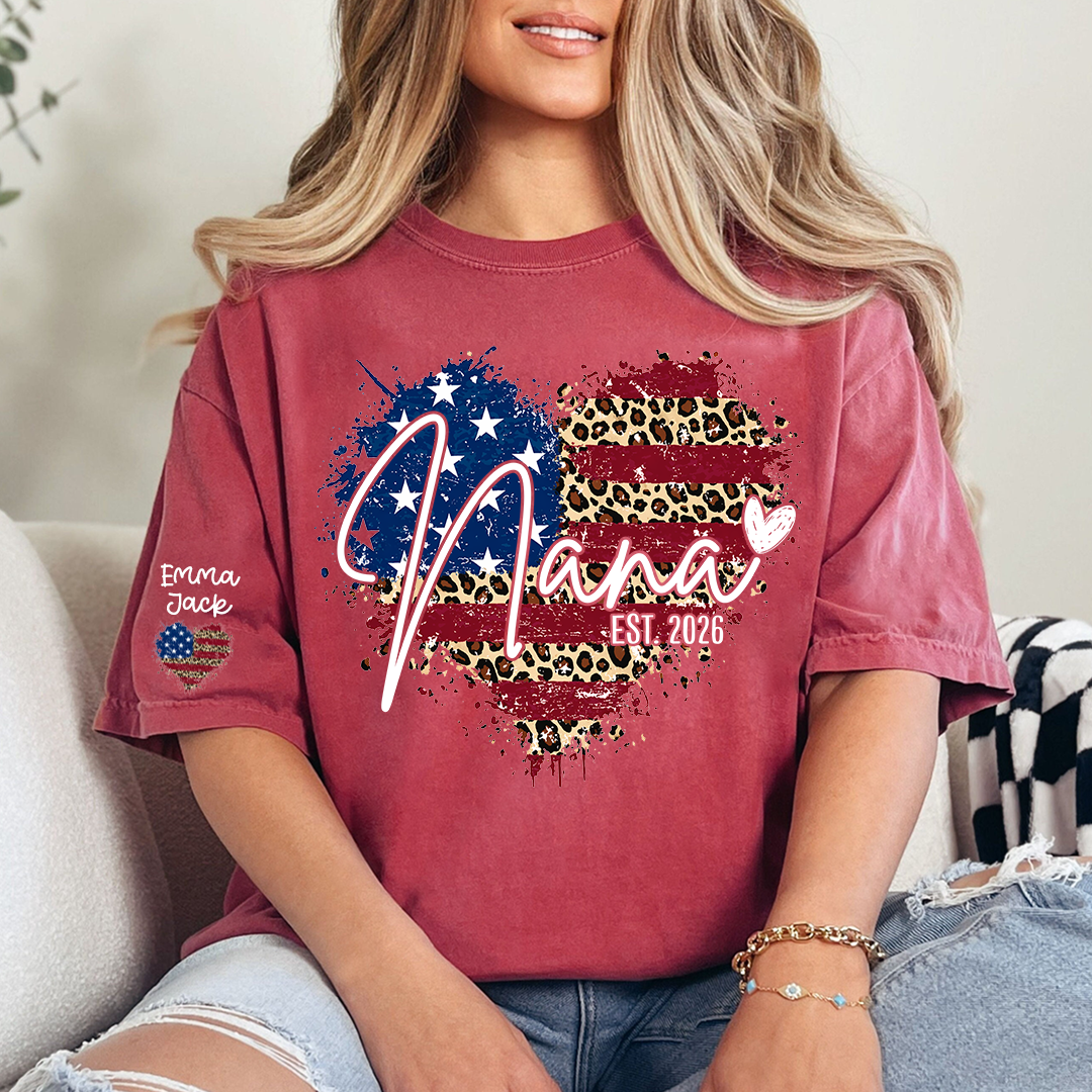 Custom American Flag Heart Nana T-shirt, Grandma Shirt with Kids, Mother's Day Gift for Grandma