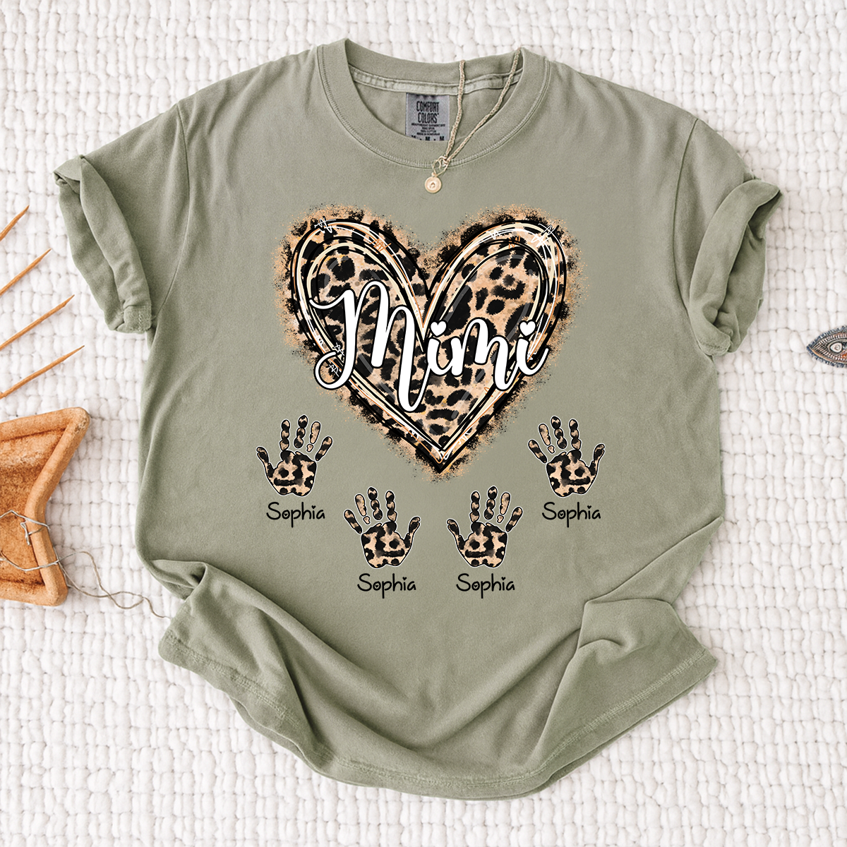 Comfort Colors Mimi Leopard Heart Shirt, Custom Handprint T Shirt with Grandkids Names, Unique Gift for Mimi, Personalized Family Shirt