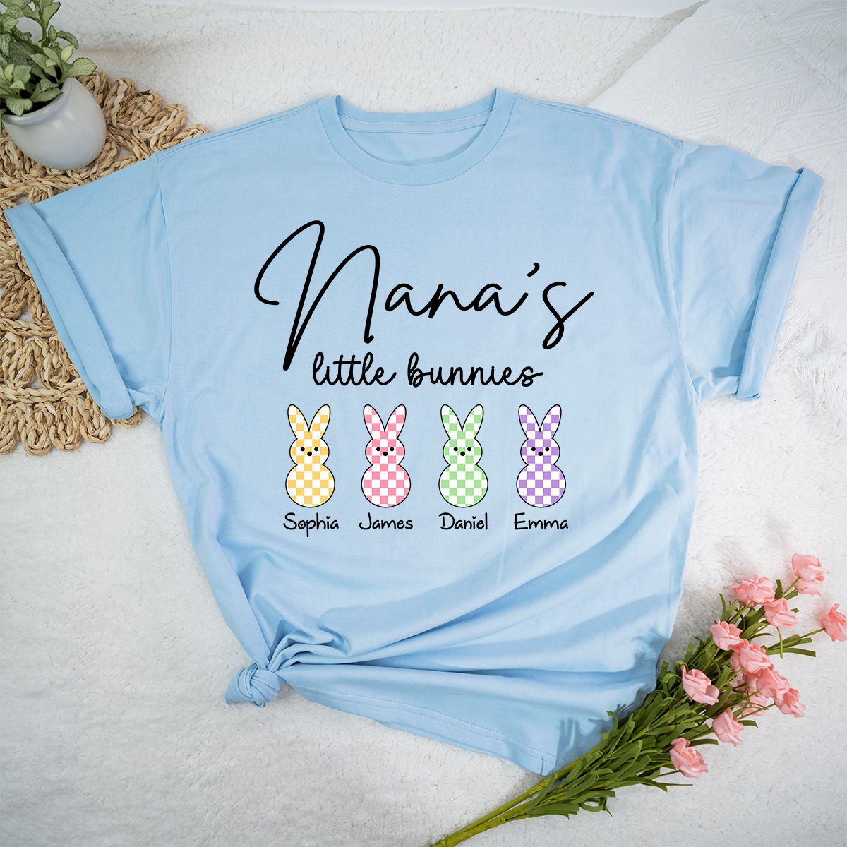 Personalized Nana Easter Shirt With Bunny Names, Nana’s Little Bunnies Custom Grandma T Shirt