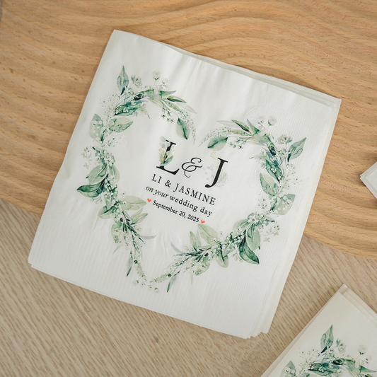 Custom Wedding Napkins with Bride and Groom Initials – Romantic Floral Green Wreath – Elegant Touch for Rustic & Garden Weddings