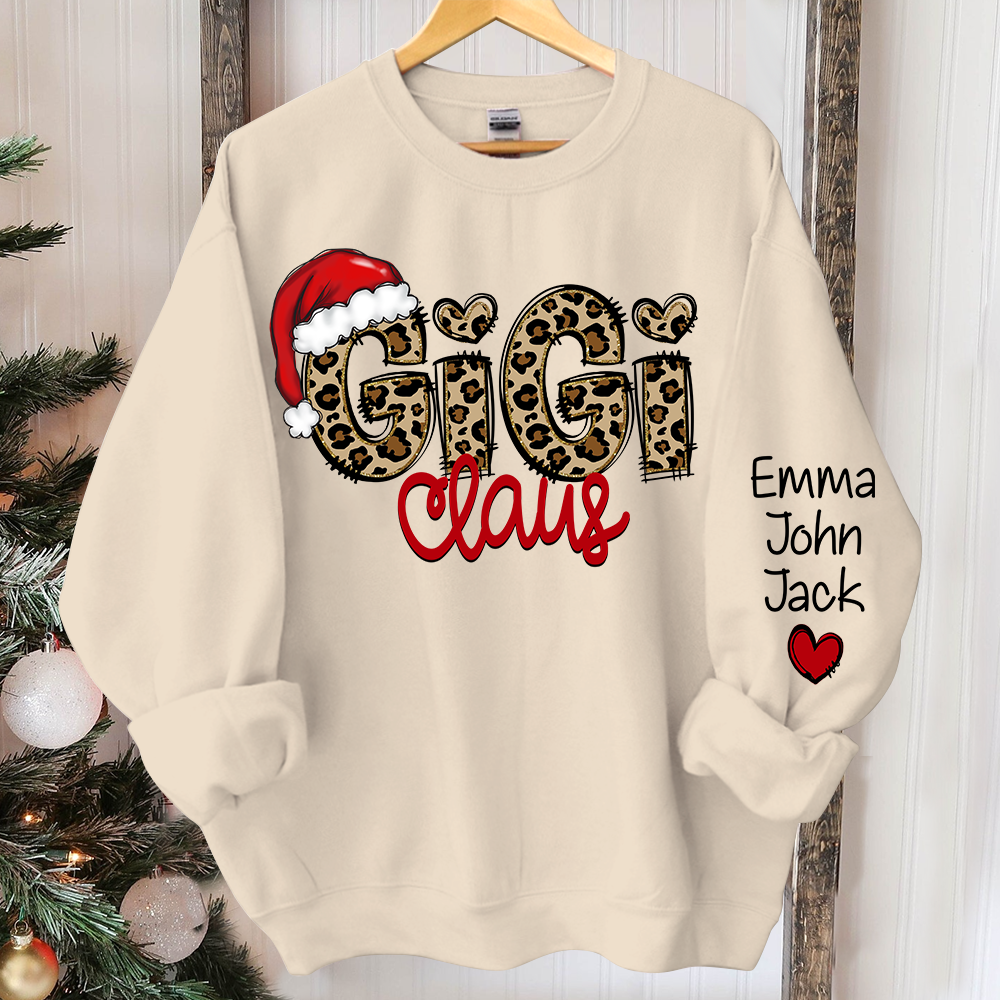 Personalized Gigi Claus Leopard Sweatshirt, Custom Grandma and Grandkids Sweatshirt