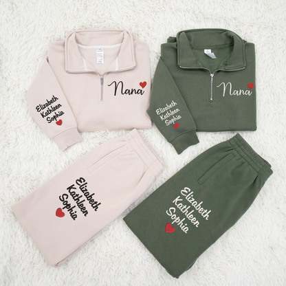 Personalized Nana heart Embroidered Set – Custom Family Name Sweatshirt and Sweatpants Embroidery Outfit – Parents Gift for Christmas, Anniversary