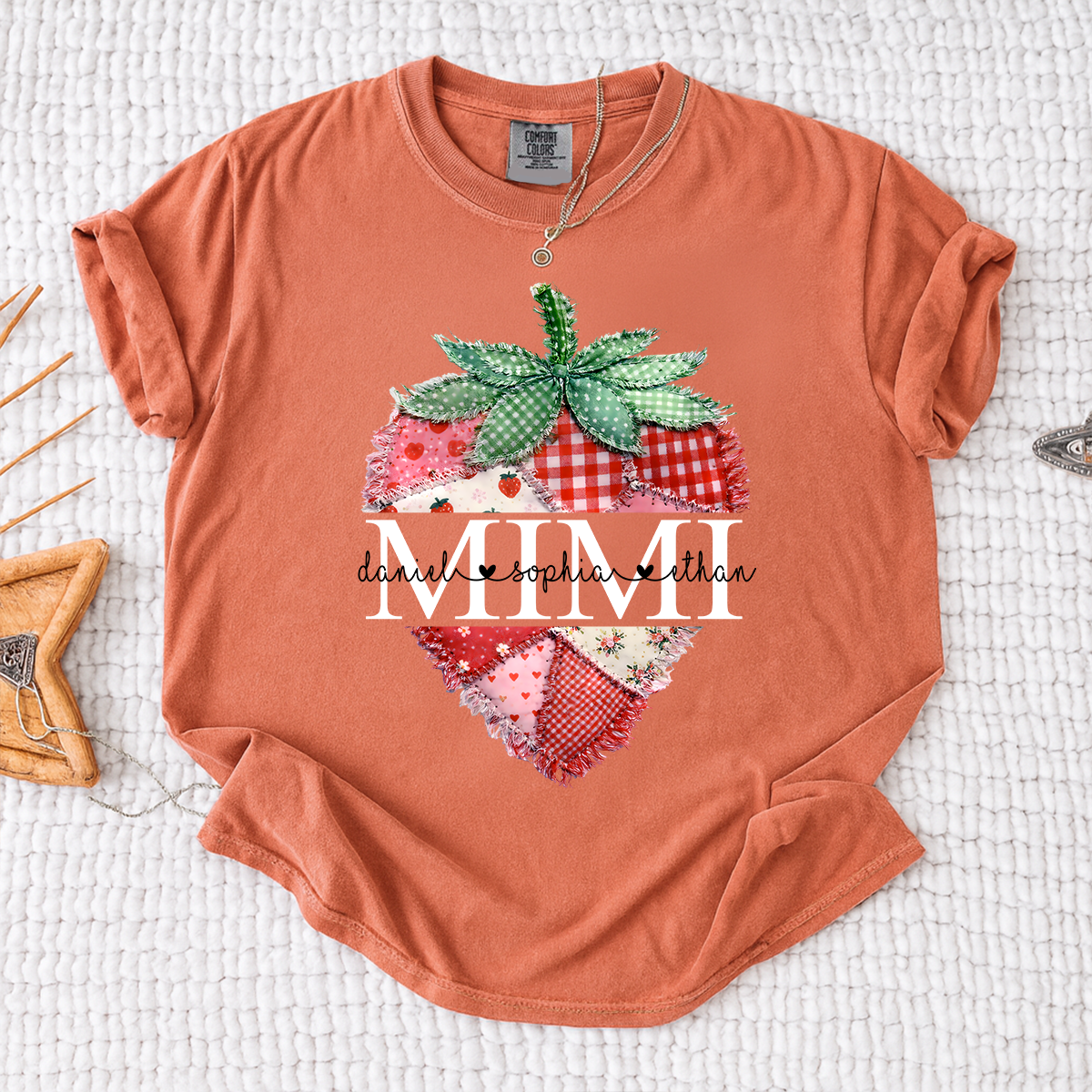 Comfort Colors Custom Mimi Strawberry Patchwork Tee, Personalized Grandma Shirt with Grandchildren Names, Birthday Christmas Family Gift