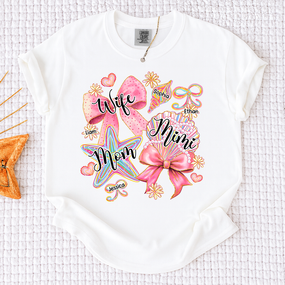Comfort Colors Personalized Wife Mom Mimi Beach Shirt with Grandkids Names, Custom Grandma Coastal T Shirt for Women, Summer Family Vacation Gift