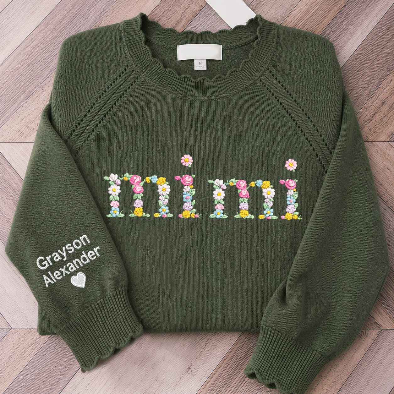 Custom Mimi Floral Embroidered Sweater, Personalized Puff Sleeve Knit Top, Unique Gift for Mimi, Custom Sleeve Text