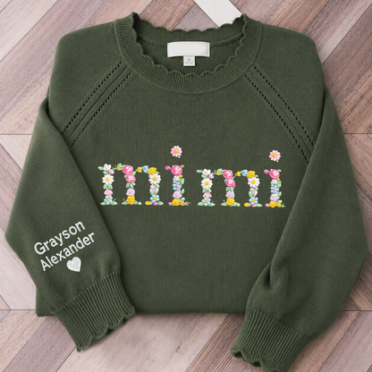 Custom Mimi Floral Embroidered Sweater, Personalized Puff Sleeve Knit Top, Unique Gift for Mimi, Custom Sleeve Text