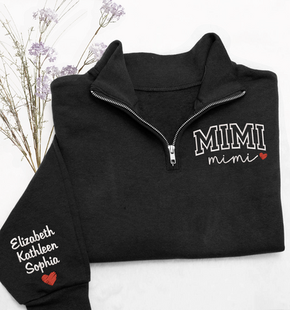 Custom Mimi Heart Sweatshirt, Personalized Mimi Embroidered Quarter Zip Sweater