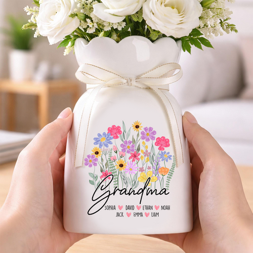 Personalized Ceramic Flower Vase for Mimi, Custom Vase with Kids' Names, Perfect Gift for Grandmother