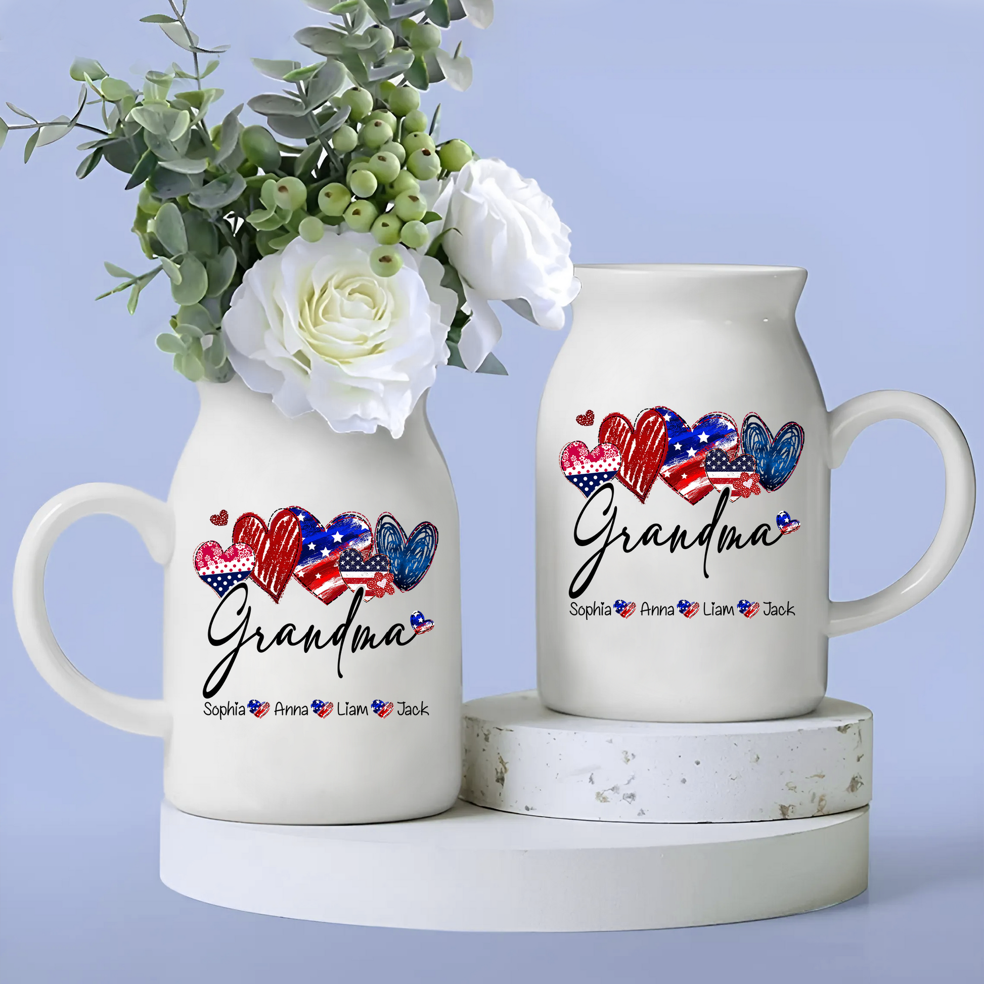 Heart Flag Grandma And Kids - Custom Home Decoration Flower Vase According To Family Requirements - Warm Gift For Mother's Day, Ceramic Flower Vase
