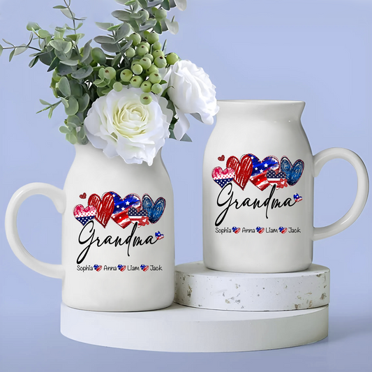 Heart Flag Grandma And Kids - Custom Home Decoration Flower Vase According To Family Requirements - Warm Gift For Mother's Day, Ceramic Flower Vase