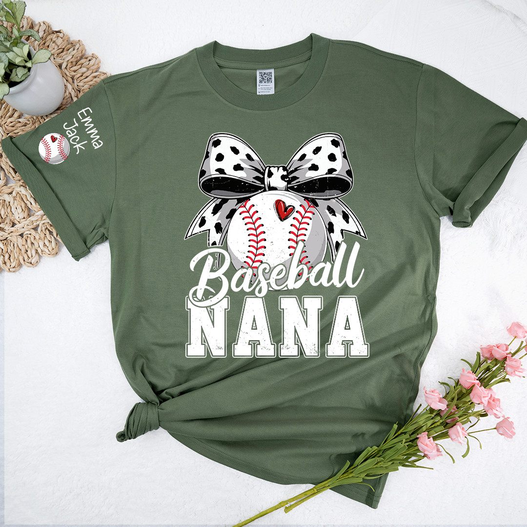 Proud Baseball Nana T Shirt, Personalized Kids Names Sports Shirt with Bow Graphic