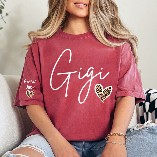 Gigi Shirt for Grandma, Personalized Custom Name Tee with Leopard Print Heart Design
