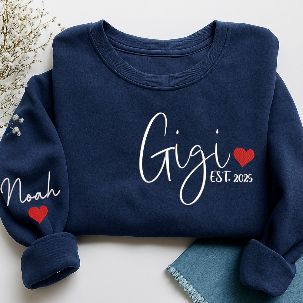 Embroidered Women's Sweatshirt with Heart, Gift For Gigi And Kids