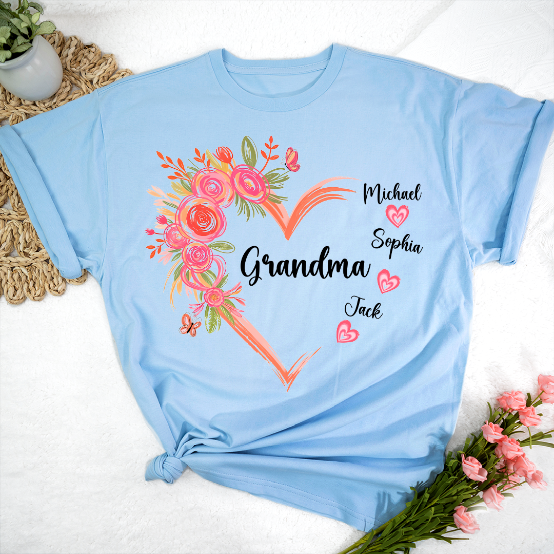 Personalized Grandma Floral Heart Shirt with Grandkids Names, Family Love T Shirt Gift