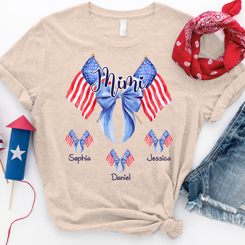 Personalized Mimi Patriotic Shirt with Kids Names, Custom Grandma American Flag Bow T Shirt for 4th of July Family Gift