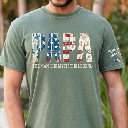 Papa The Man The Myth The Legend Tee, Custom Papa Shirt with Kids Names, USA Flag Design, Meaningful Gift for Father Grandpa