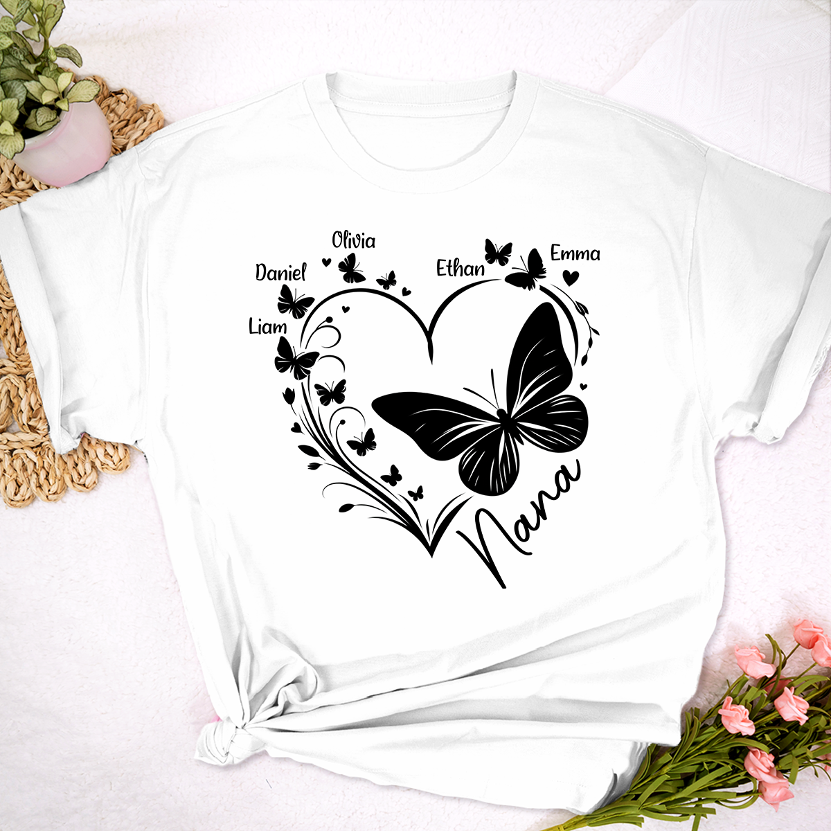 Nana Butterfly Heart Shirt with Kids Names, Personalized Nana Grandma T-Shirt Gift for Her