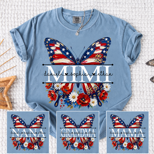 Comfort Custom Mimi T Shirt with Grandkids Names, American Flag Butterfly Family Tee