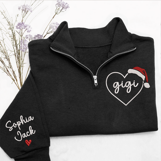 Custom Gigi Heart Zip Sweatshirt With Santa Hat – Personalized Christmas Gift For Grandma Or Gigi