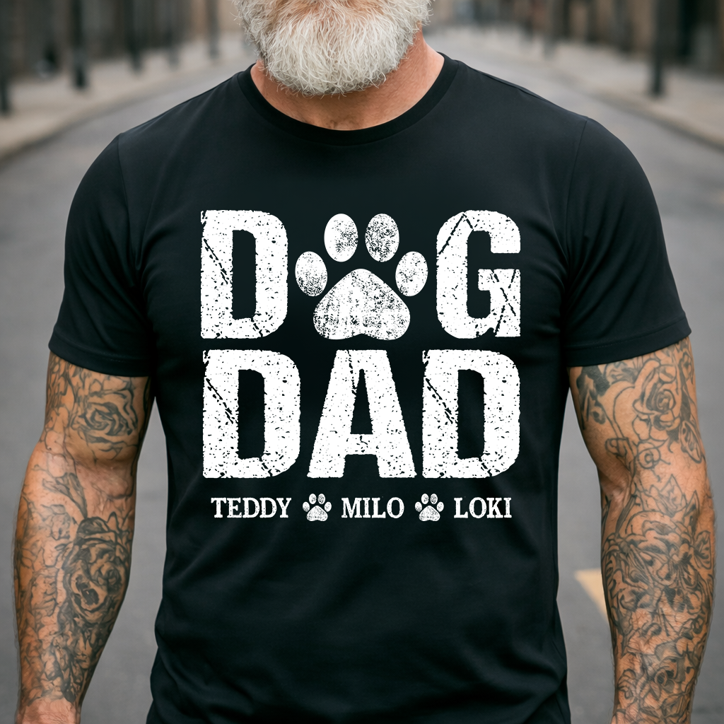 Custom Dog Dad T Shirt, Paw Print Design, Personalized with Dog Names, Perfect Gift for Dog Lovers