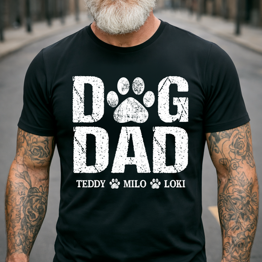 Custom Dog Dad T Shirt, Paw Print Design, Personalized with Dog Names, Perfect Gift for Dog Lovers