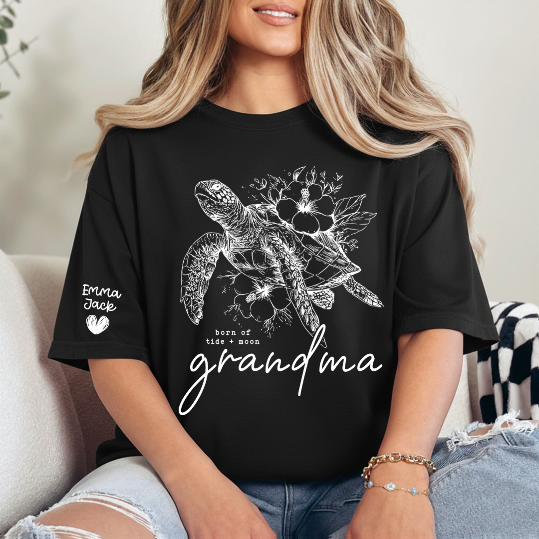 Custom Grandma Sea Turtle T Shirt, Personalized Grandchildren Names Sleeve Tee, Nature Lover Grandma Gift for Women