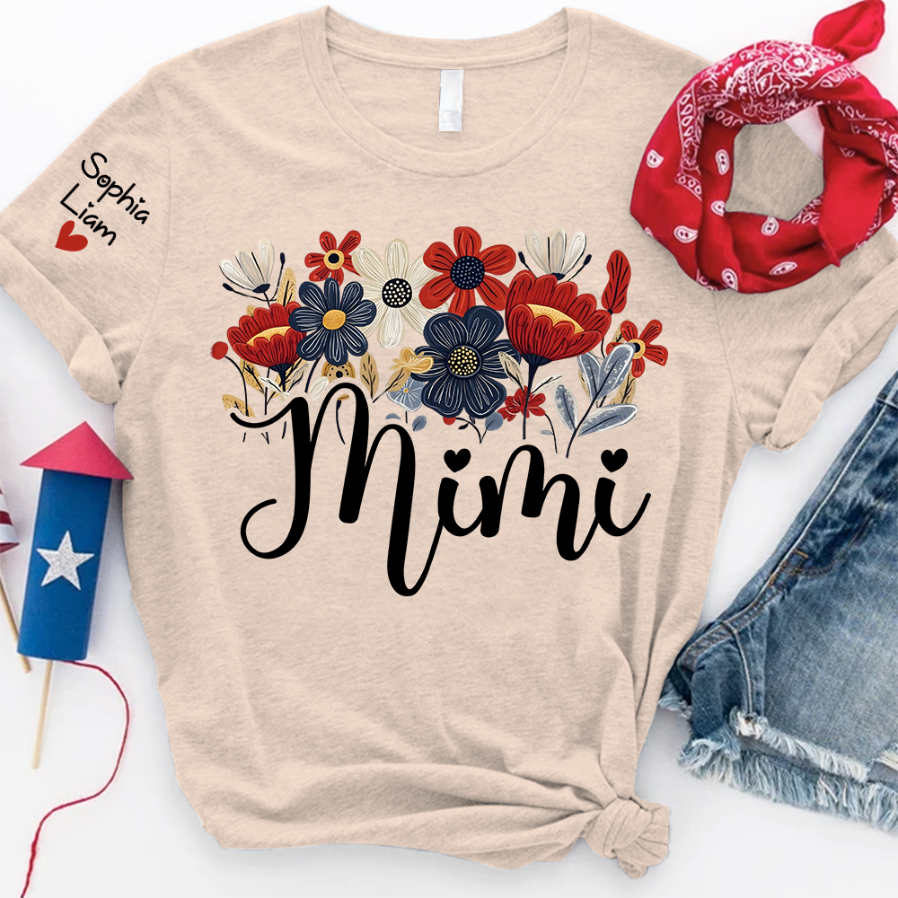 Personalized Grandma Mimi Shirt with Floral Design and Sleeve Names, 4th of July Shirt